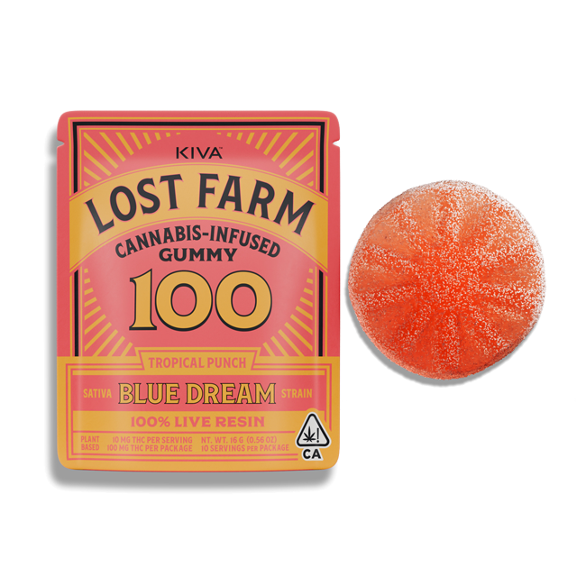 100mg Tropical Punch x Blue Dream Live Resin Gummy | Kiva Gummies